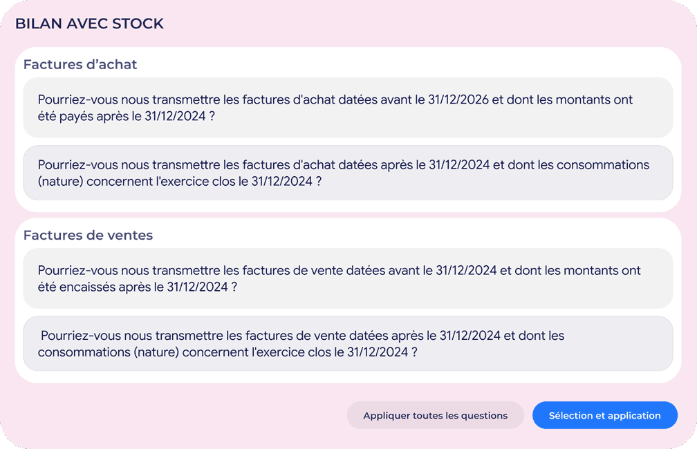 Modèle de questions bilan avec stock